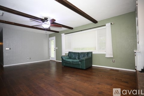 A living room with a green couch and a ceiling fan.