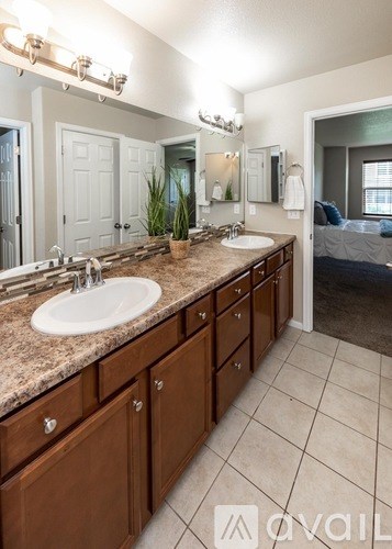 A bathroom with a double sink vanity and a large mirror.