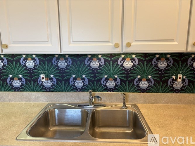 A kitchen with a double sink and a backsplash with a plant and pot design.