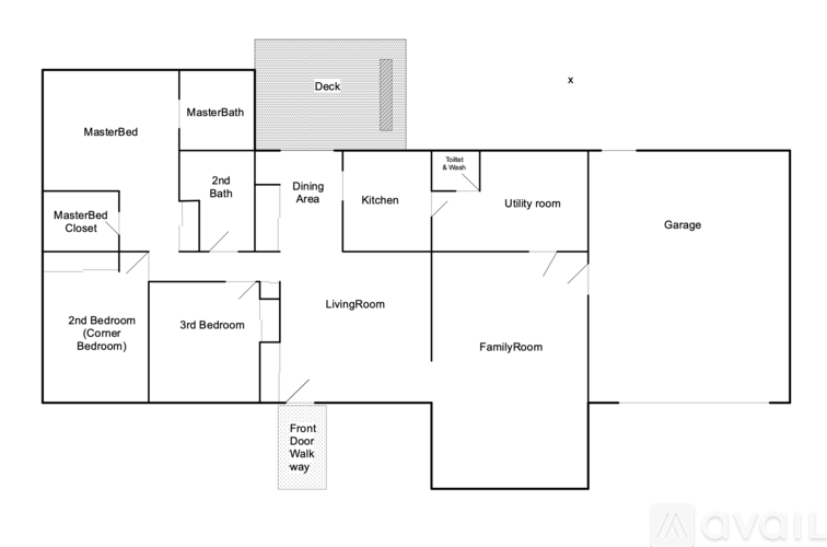 A floor plan of a house with a deck and a garage.