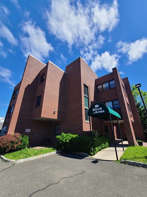 A red brick building with a green sign that says Birch Arms.