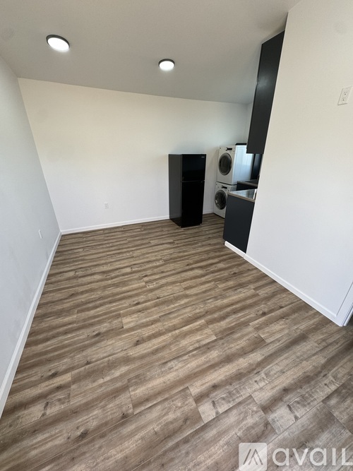 A room with wooden flooring and a black appliance.