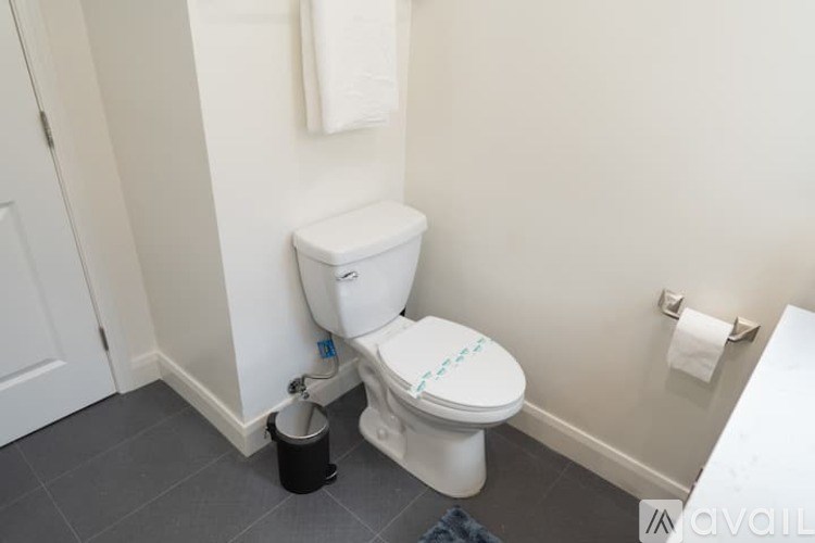 A white toilet with a black bucket on the floor next to it.