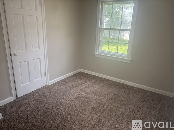 A room with a carpeted floor, a white door, and a window with a view of a green lawn outside.