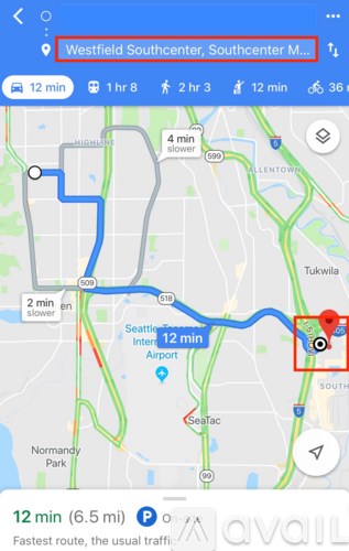 A map shows a route from Westfield Southcenter to Southcenter Mall taking 12 minutes.