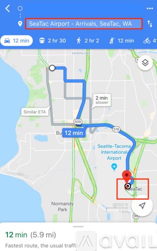 A map showing the fastest route to SeaTac Airport from a certain location.