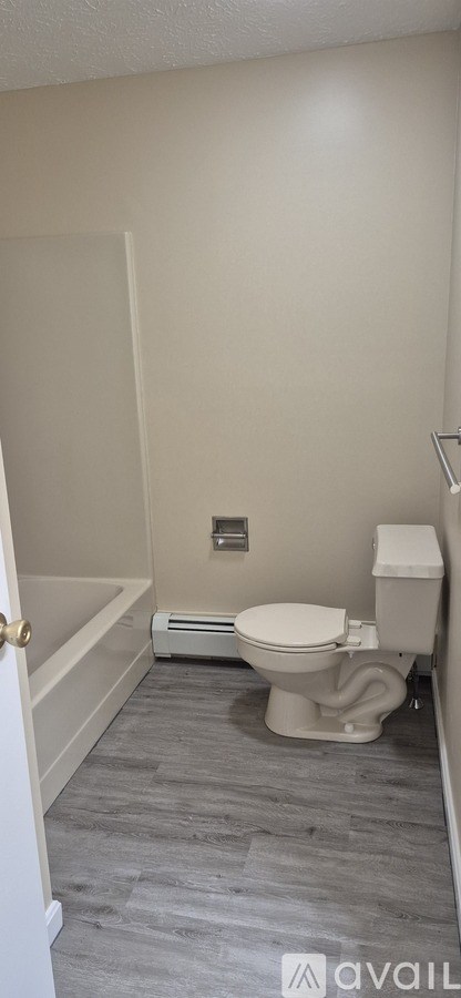 A bathroom with a toilet, a tub, and a towel rack.