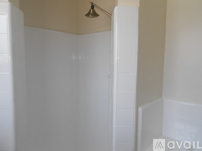 A shower area with a white tile wall and a shower head.