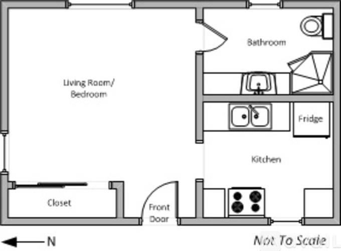 A floor plan of a small apartment with a living room/bedroom, kitchen, bathroom, and closet.