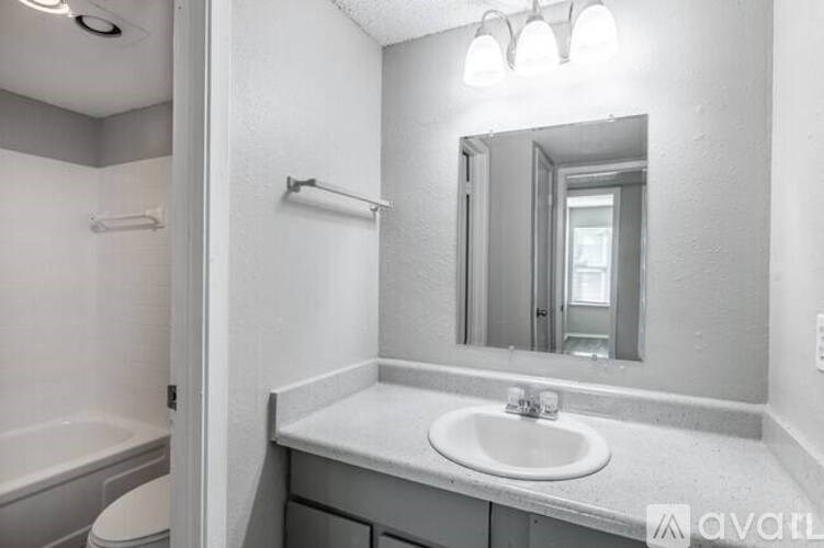 A bathroom with a white sink and a mirror.