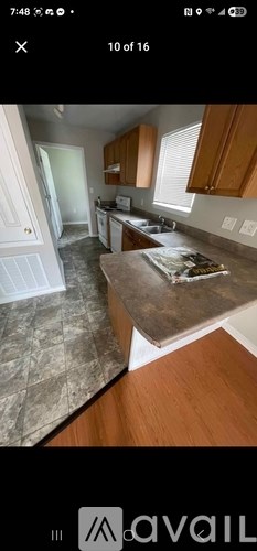 A kitchen with wooden cabinets and a countertop.