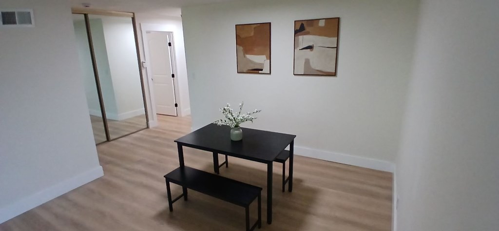 A black table with a plant on it sits in a room with a white wall and a mirror.