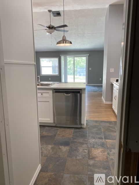 A kitchen with a dishwasher and a fan.