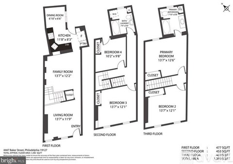 A floor plan for a three-story townhouse with three bedrooms and two bathrooms.