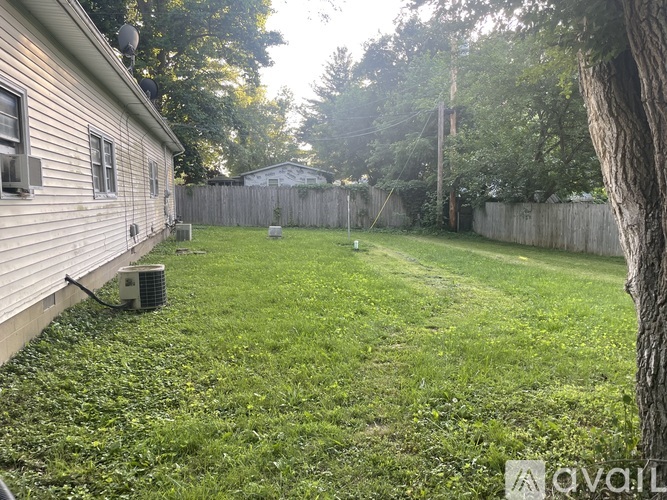 A backyard with a fence and a tree.
