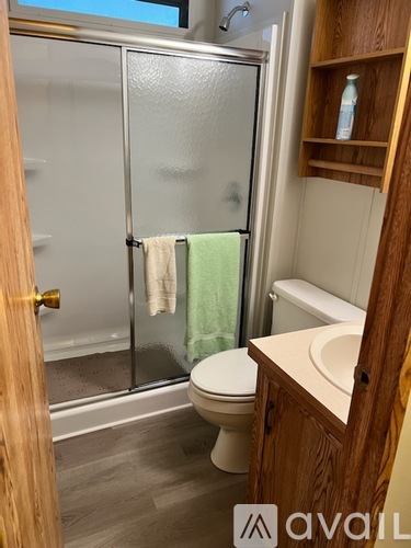 A bathroom with a toilet, sink, and shower.