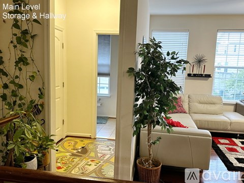 A living room with a white couch and a tree in a pot.