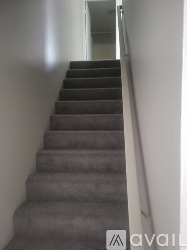 A staircase with a carpeted runner and a metal handrail.
