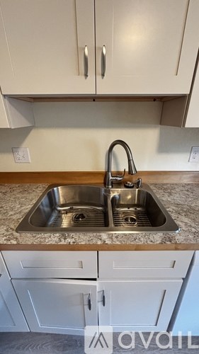 A kitchen with a sink and cabinets.