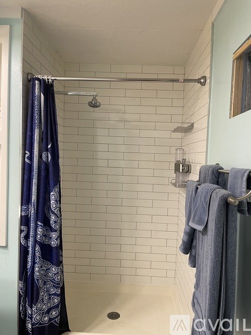 A bathroom with a blue shower curtain and a towel rack.