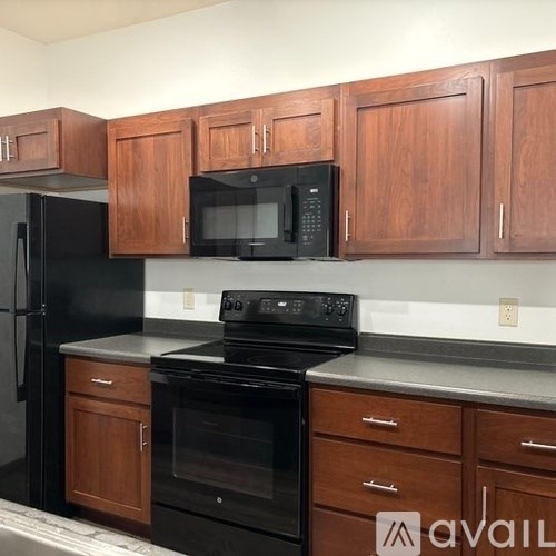 A kitchen with black appliances and wooden cabinets.