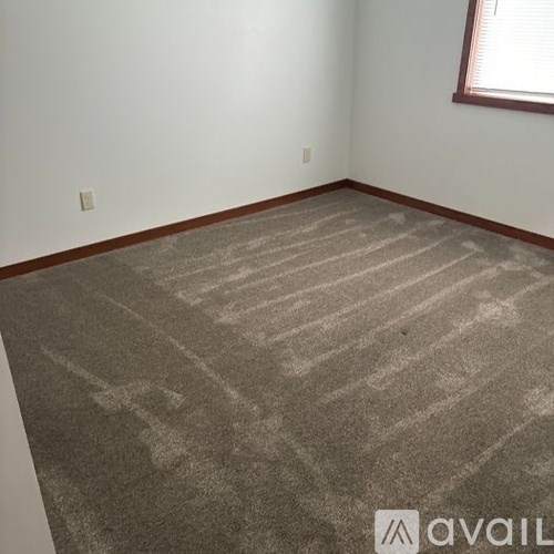 A room with a carpeted floor and a window.