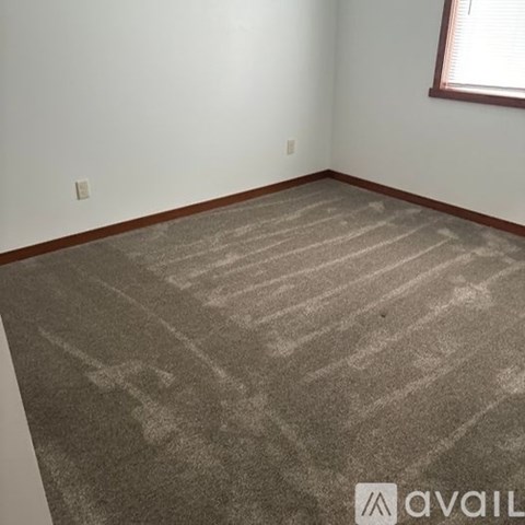 A room with a carpeted floor and a window.