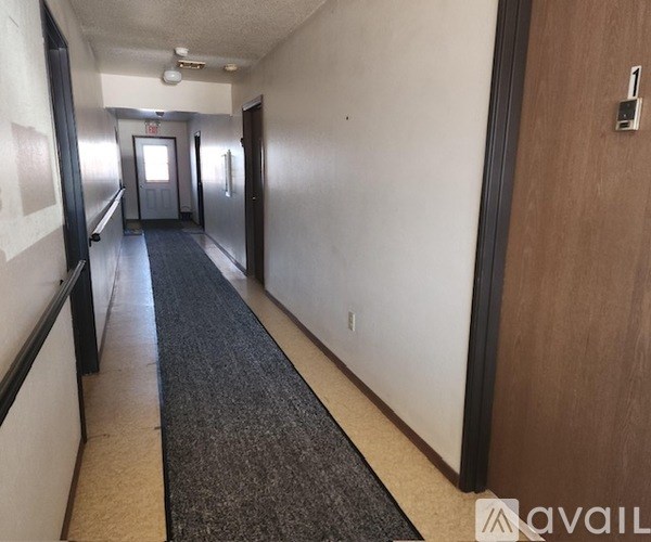 A hallway with a carpeted area in the middle and doors on both sides.