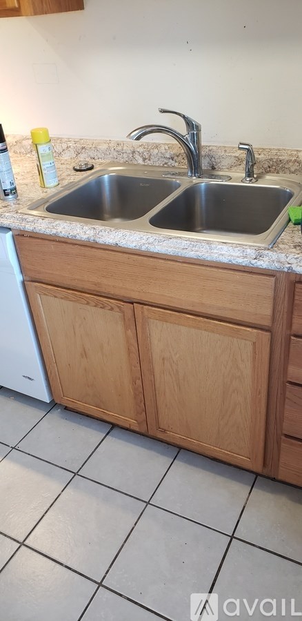 A kitchen with a sink and wooden cabinets.