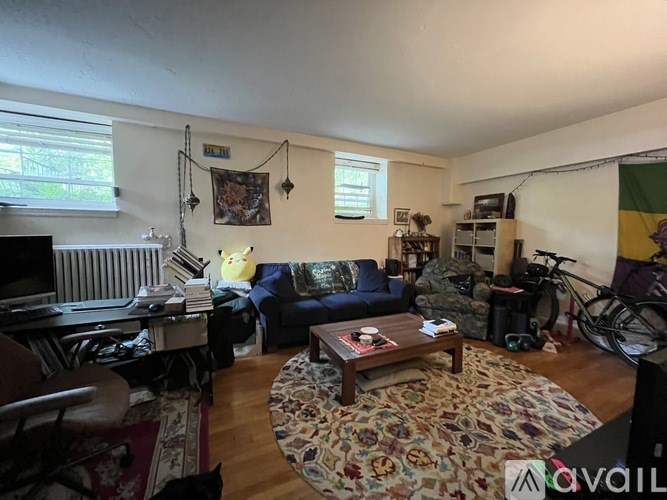A living room with a couch, coffee table, and a rug.