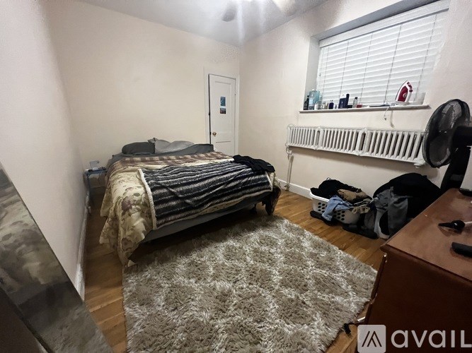 A bedroom with a bed, a fan, and a rug.