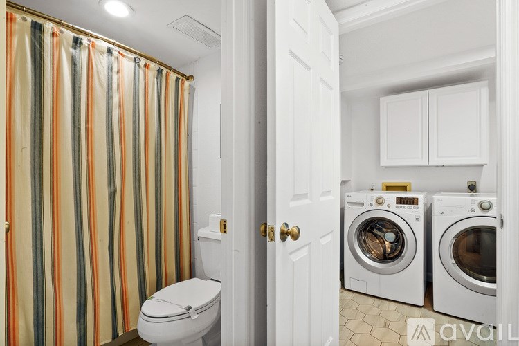 A bathroom with a toilet, a shower curtain, and a washing machine.