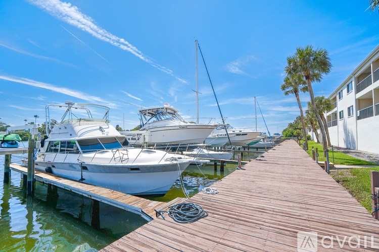 A wooden dock with boats and palm trees in the background.