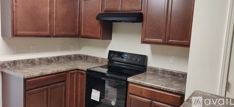 A black stove top oven in a kitchen with brown cabinets.