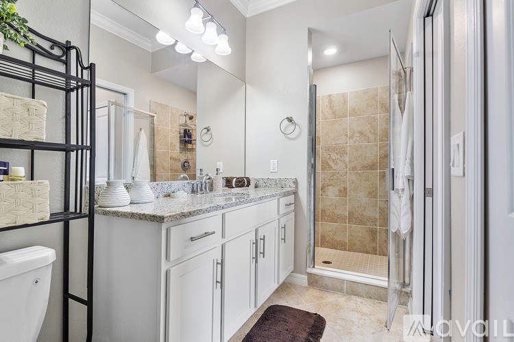 A bathroom with a white sink and a walk-in shower.