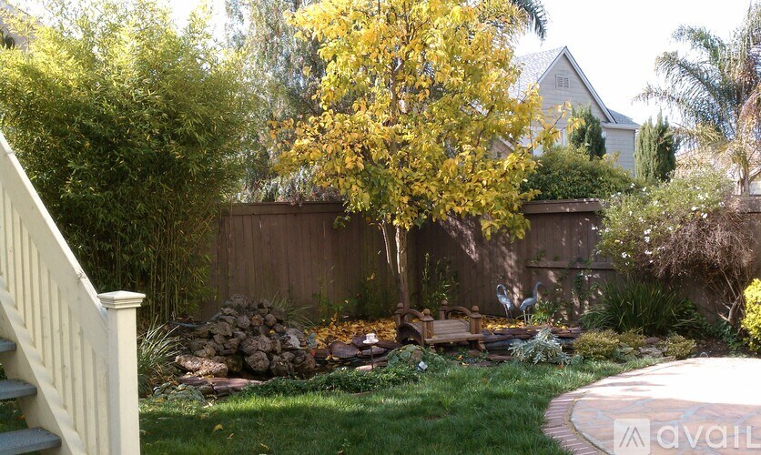 A backyard with a tree, a bench, and a fence.