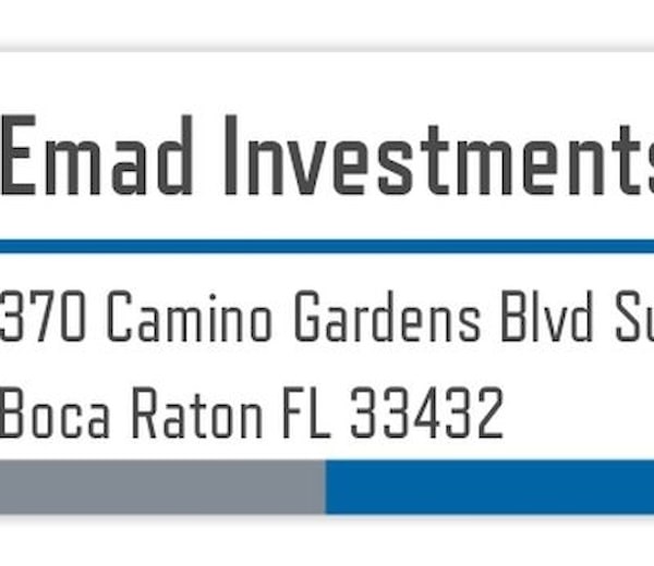 A sign for Emad Investments with an address in Boca Raton, Florida.