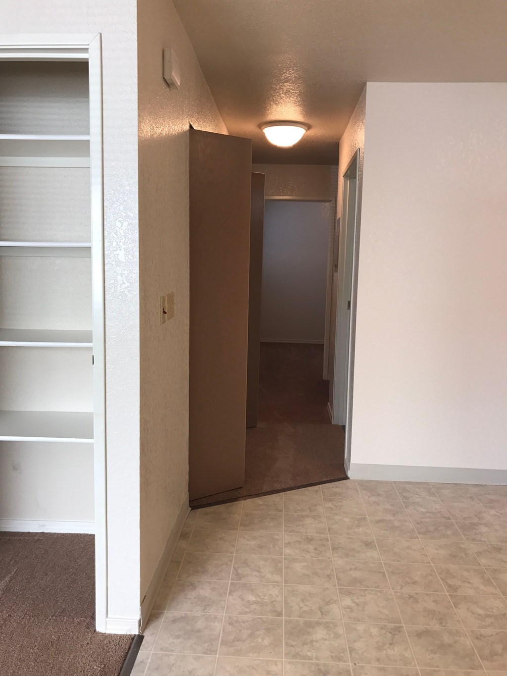 A hallway with a brown door and a white wall.