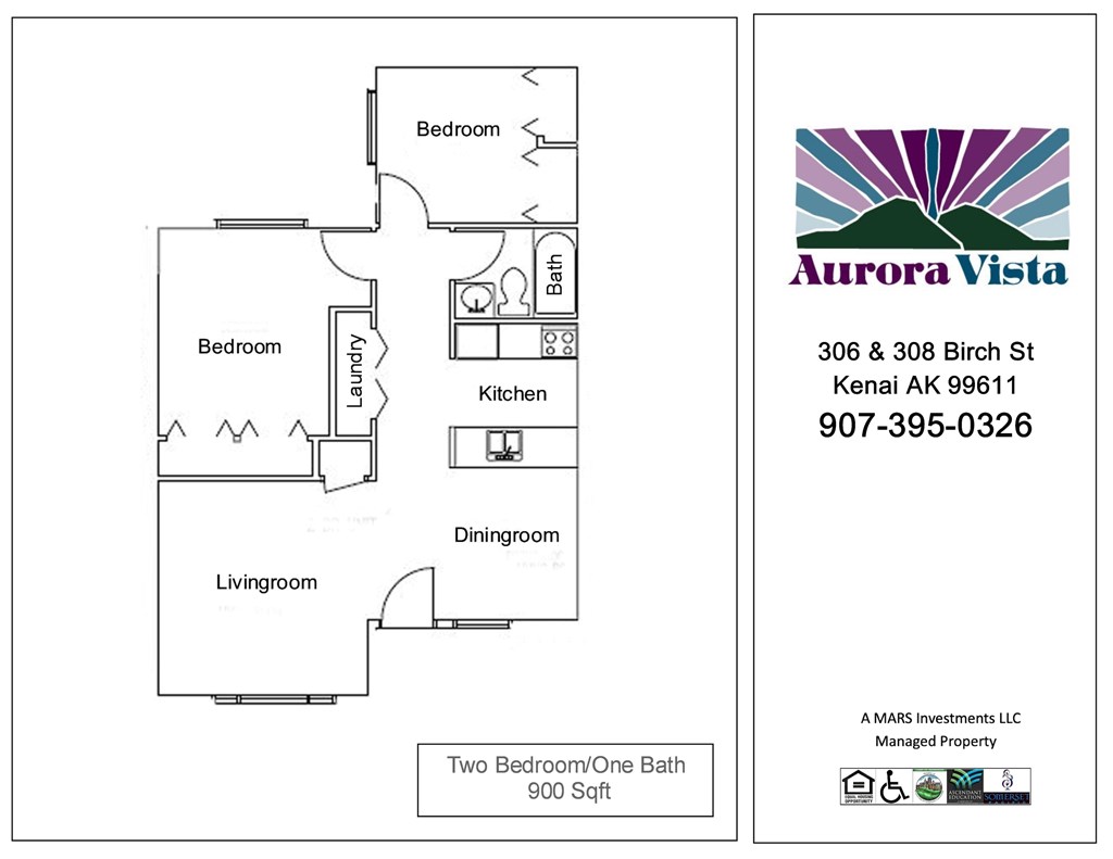 A drawing of a floor plan for a property managed by Aurora Vista.