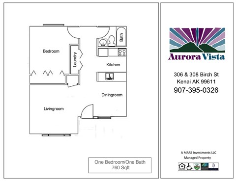 A drawing of a one bedroom/one bath apartment.