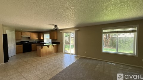 A room with a fireplace and two windows.
