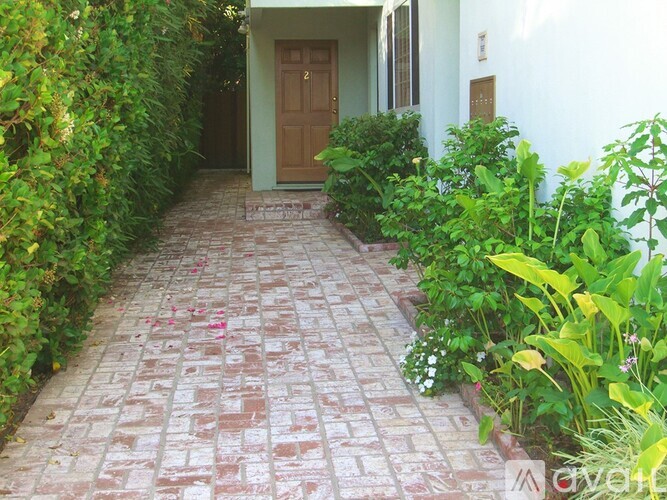A pathway with a brown door at the end.