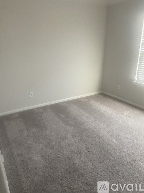 A room with a carpeted floor and a window with blinds.