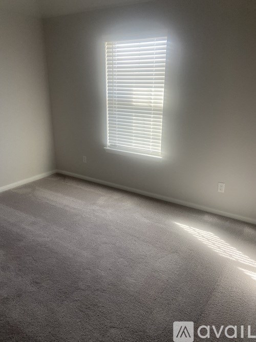 A room with a carpeted floor and a window with blinds.