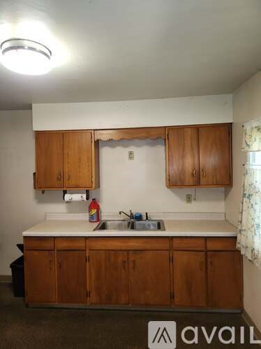 A kitchen with wooden cabinets and a sink.