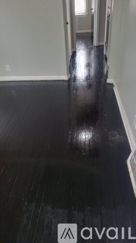 A hallway with black floors and white walls.