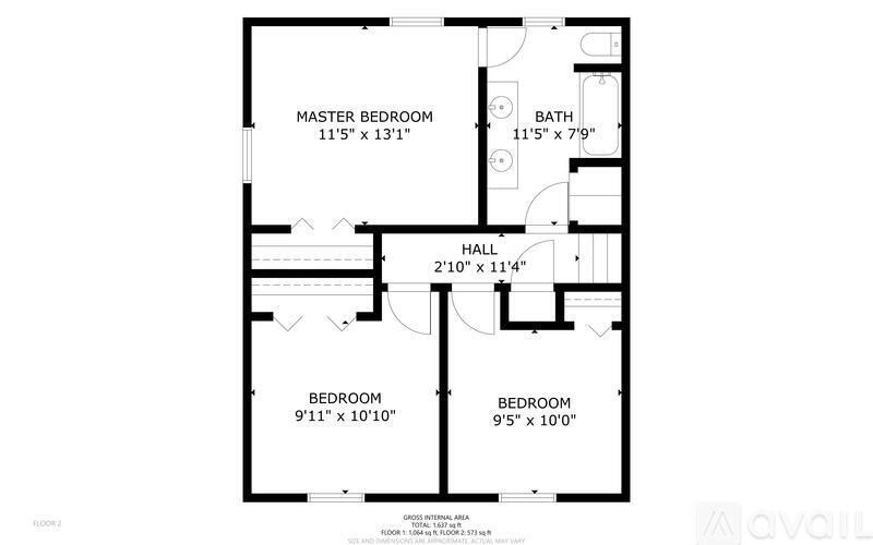 A floor plan of a house with a master bedroom, two additional bedrooms, and a bathroom.