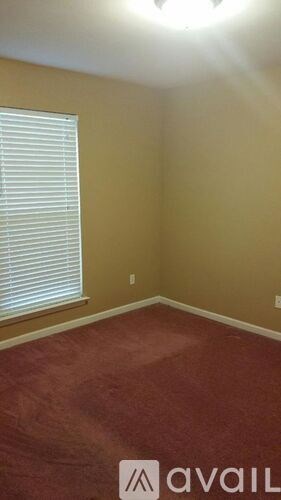 A room with a window covered by blinds and a carpet on the floor.