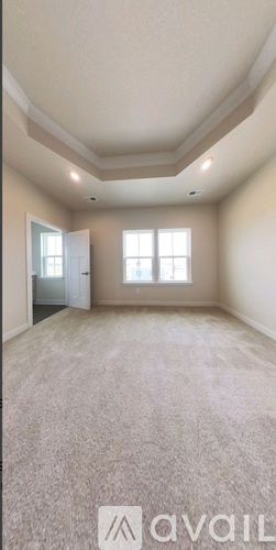 A spacious room with a carpeted floor and two windows.