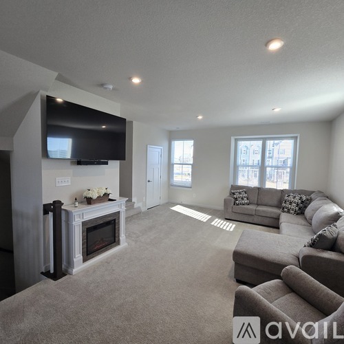 A living room with a grey couch and a fireplace.